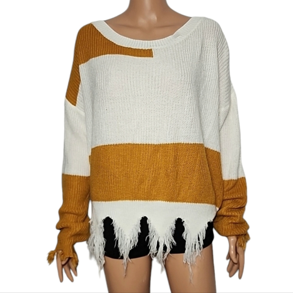 Baevely Women's Color Block Scoop Neck Pullover Sweater Casual Ripped Hem Size L